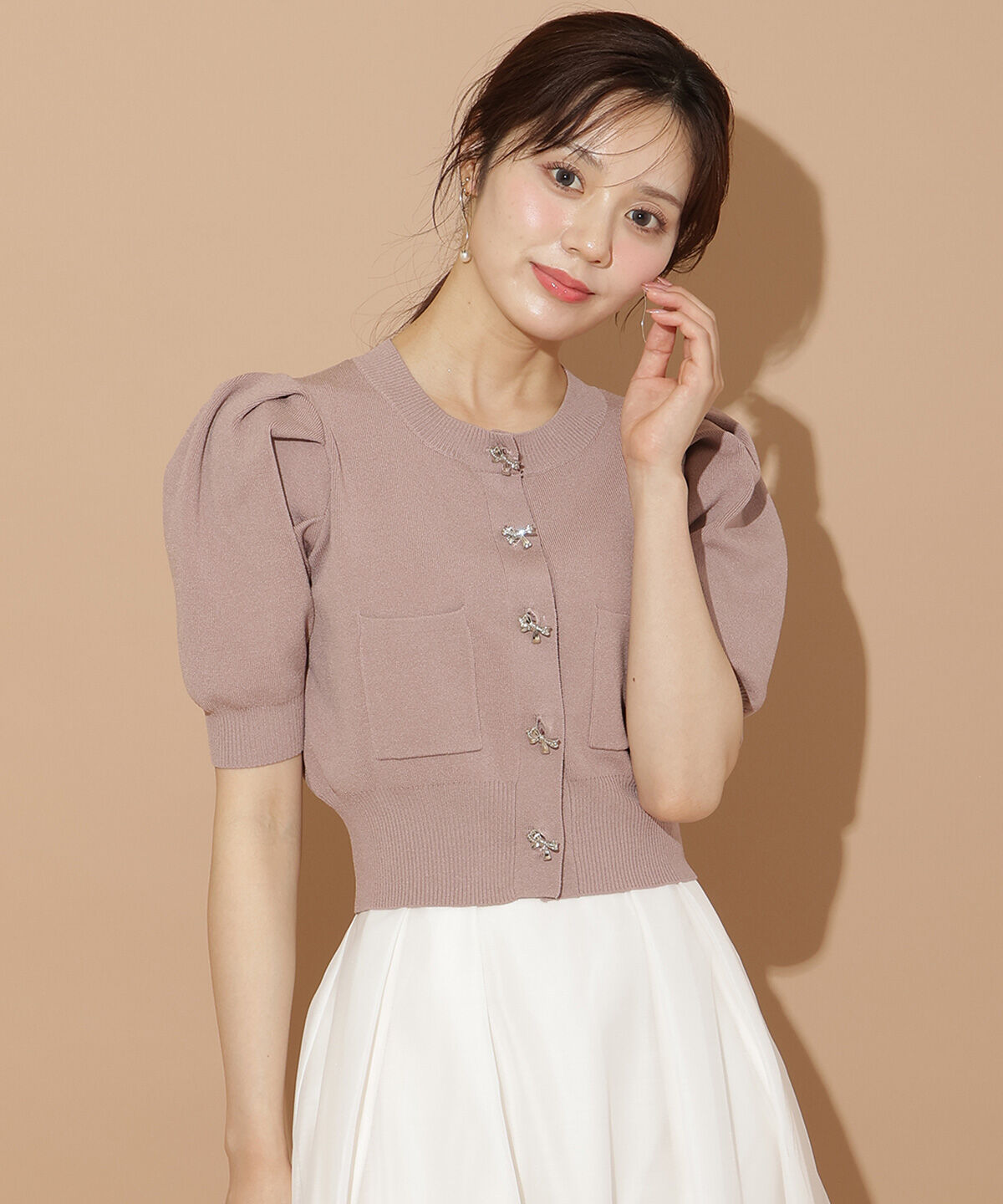 WILLSELECTION「ビジューリボンタックスリーブカーディガン」|カーディガン|