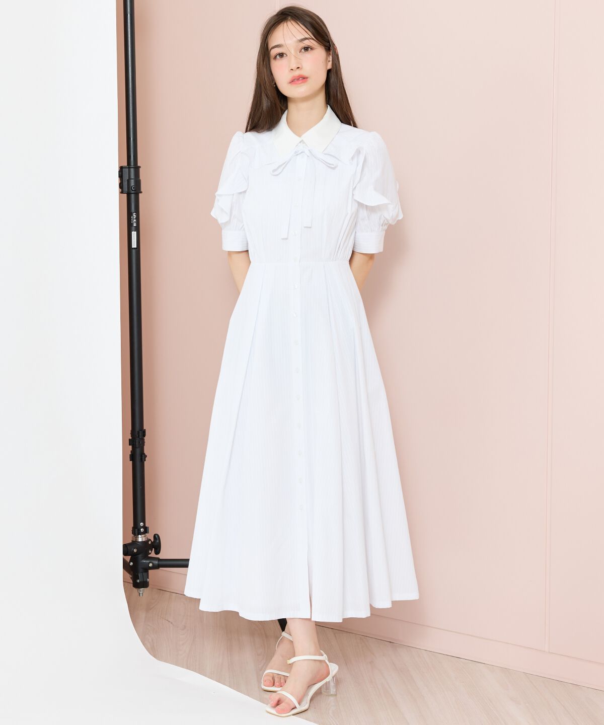 WILLSELECTION「ラッフルパフスリーブシャツワンピース」|ワンピース|white/borderｽﾄﾗｲﾌﾟ