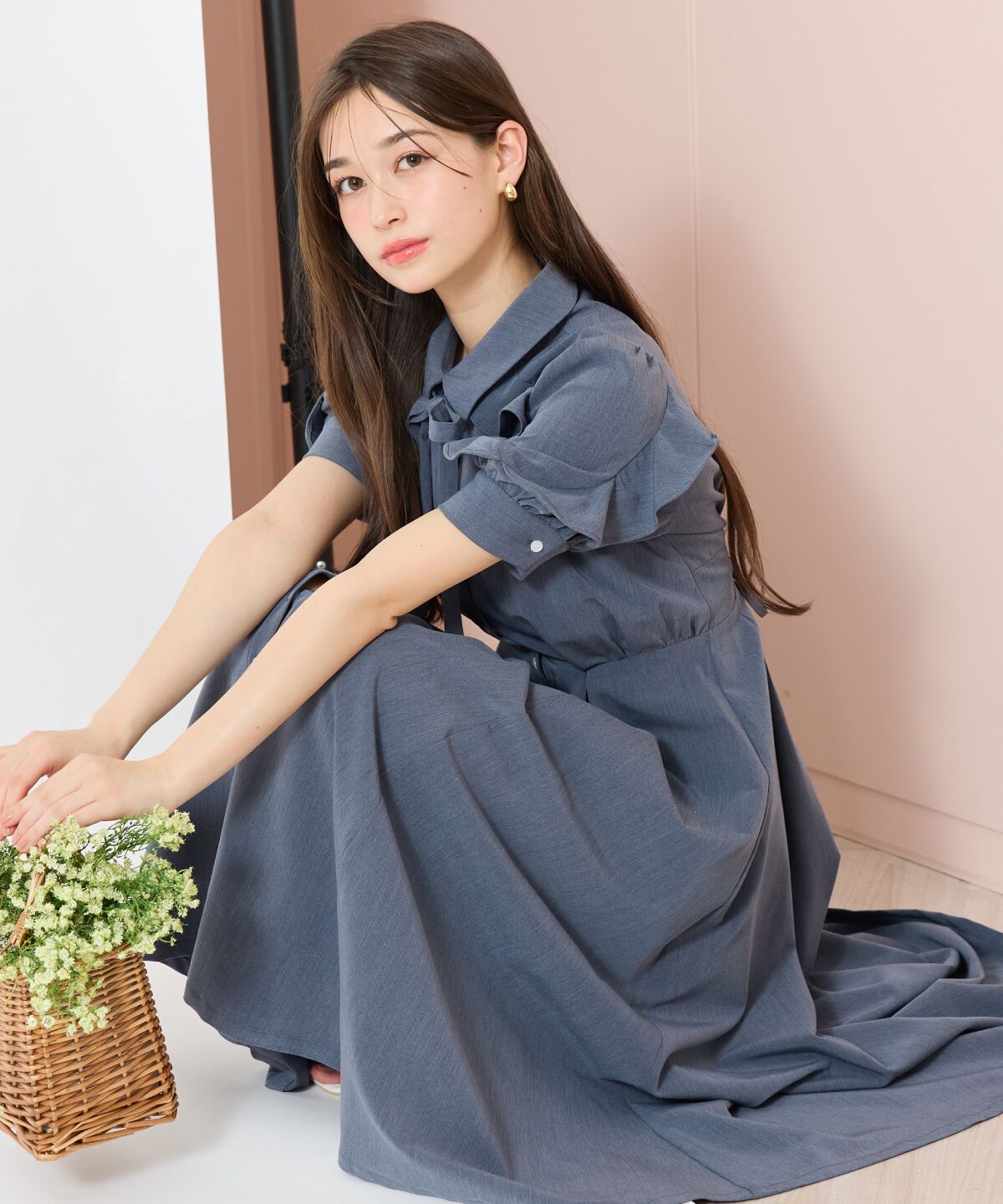 WILLSELECTION「ラッフルパフスリーブシャツワンピース」|ワンピース|ネイビー