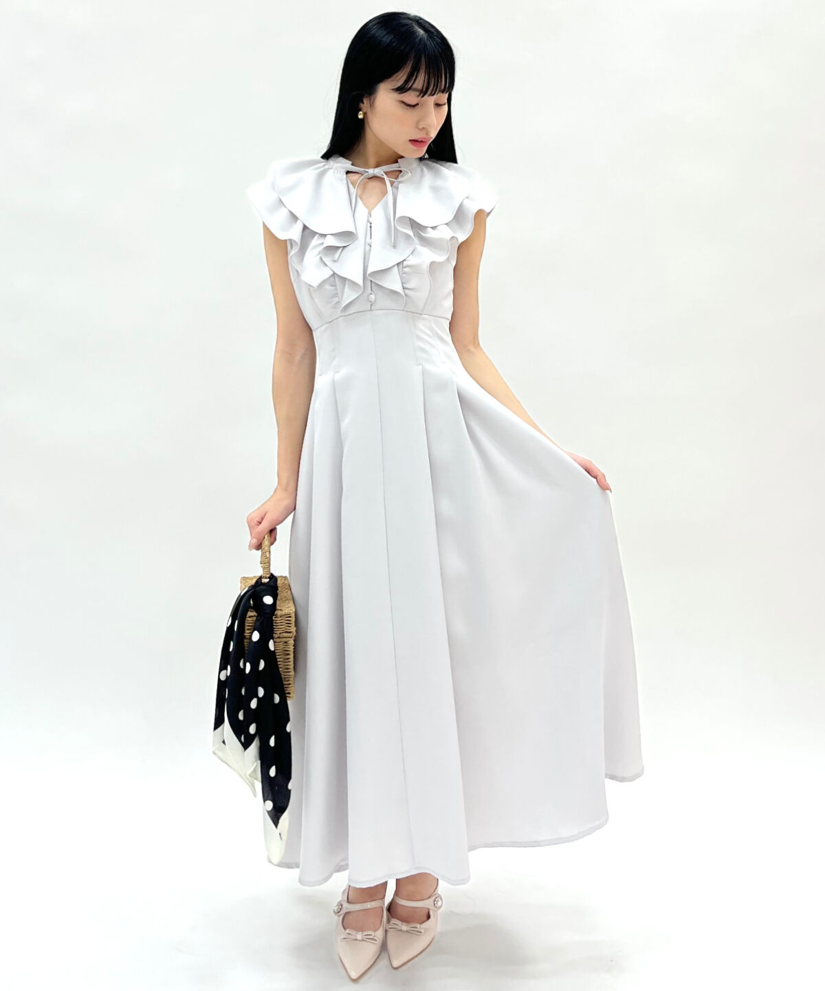 WILLSELECTION「ナローリボンラッフルフリルワンピース」|ワンピース|サックス