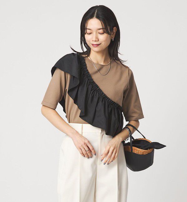 UNITED ARROWS green label relaxing「フリル ドッキング 5分袖 ニット プルオーバー ウォッシャブル」|ニット・セーター|