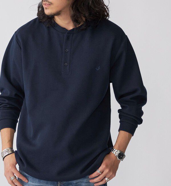 SHIPS「【WEB限定】SHIPS:〈抗菌・防臭〉ワンポイントロゴ バーズアイ ヘンリーネック 長袖 Tシャツ」|Tシャツ・カットソー|ネイビー