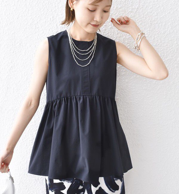 SHIPS for women「〈接触冷感 / 撥水加工〉TEX BRID(R)タフタ ギャザー ノースリーブ ブラウス」|シャツ・ブラウス|ネイビー