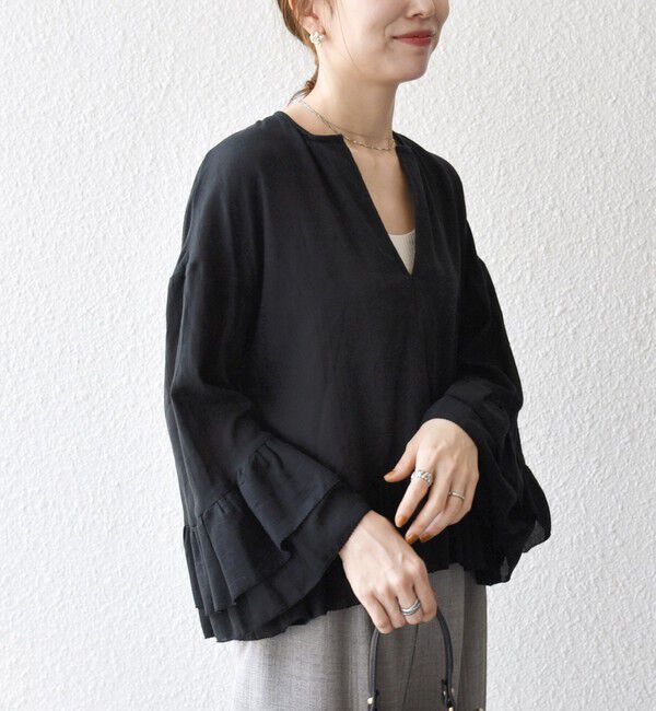 SHIPS any「SHIPS any:〈洗濯機可能〉コットン モス ラッフル フリル キーネック ブラウス」|シャツ・ブラウス|