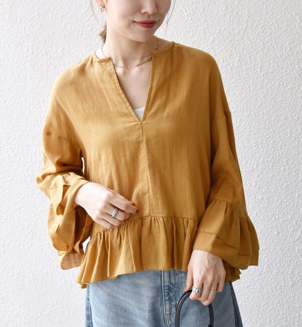 SHIPS any「SHIPS any:〈洗濯機可能〉コットン モス ラッフル フリル キーネック ブラウス」|シャツ・ブラウス|