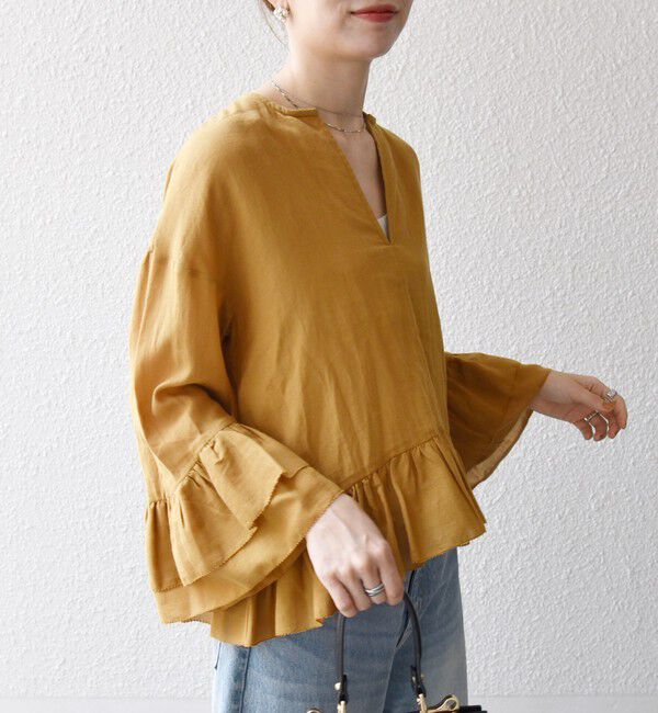 SHIPS any「SHIPS any:〈洗濯機可能〉コットン モス ラッフル フリル キーネック ブラウス」|シャツ・ブラウス|