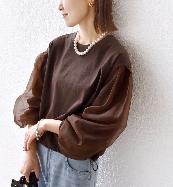 SHIPS for women「【WEB限定】〈手洗い可能〉シアー コンビ 裾 ドロスト プルオーバー」|プルオーバー|ブラウン