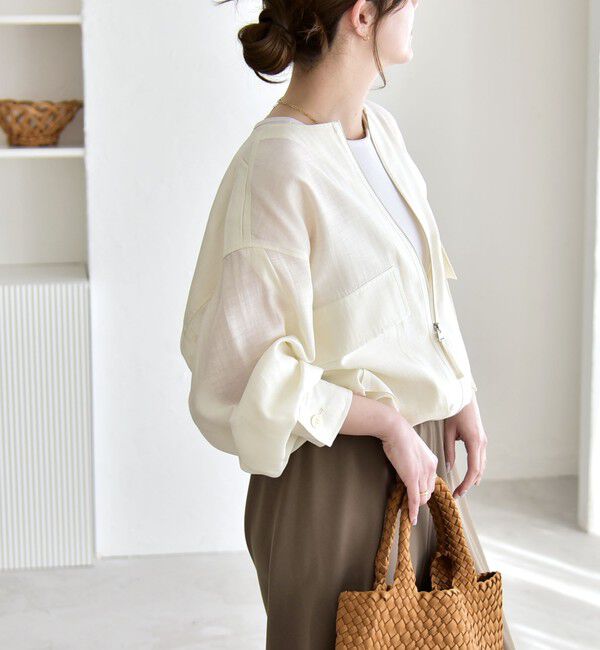 quaranciel「《追加予約》quaranciel:〈手洗い可能〉リネン ミックス ノーカラー ドロスト ブルゾン」|ブルゾン・スタジャン|