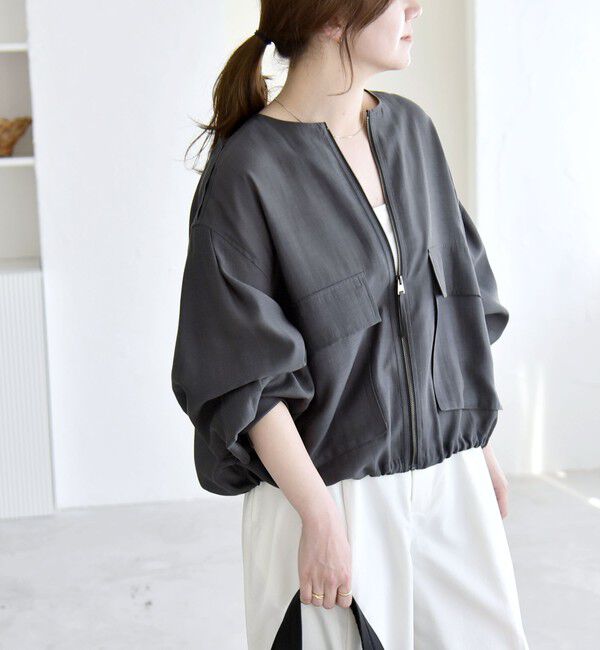 quaranciel「《追加予約》quaranciel:〈手洗い可能〉リネン ミックス ノーカラー ドロスト ブルゾン」|ブルゾン・スタジャン|チャコールグレー