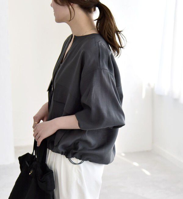 quaranciel「《追加予約》quaranciel:〈手洗い可能〉リネン ミックス ノーカラー ドロスト ブルゾン」|ブルゾン・スタジャン|