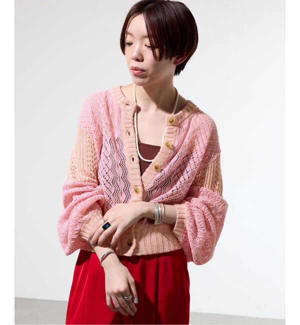 IENA「《予約/一部店舗限定》クロシェニット ミックスショートカーディガン」|カーディガン|ピンク