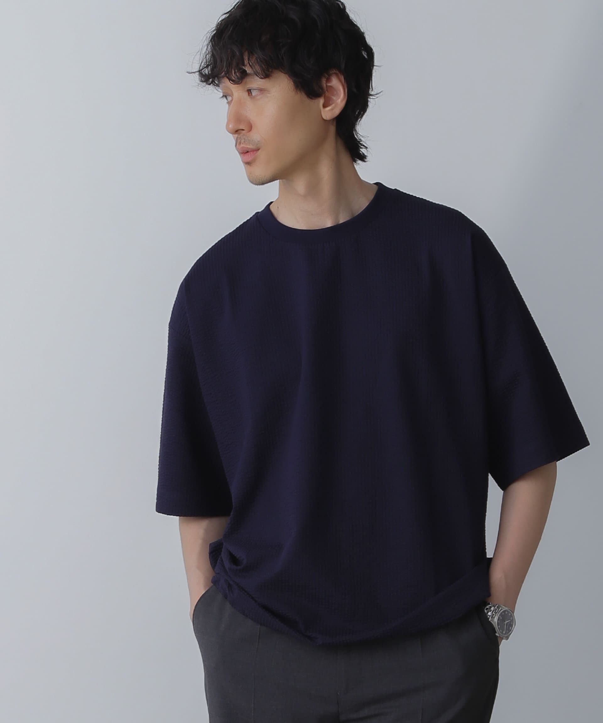 nano･universe「シルケットサッカーワイドTシャツ 半袖」|Tシャツ・カットソー|ネイビー