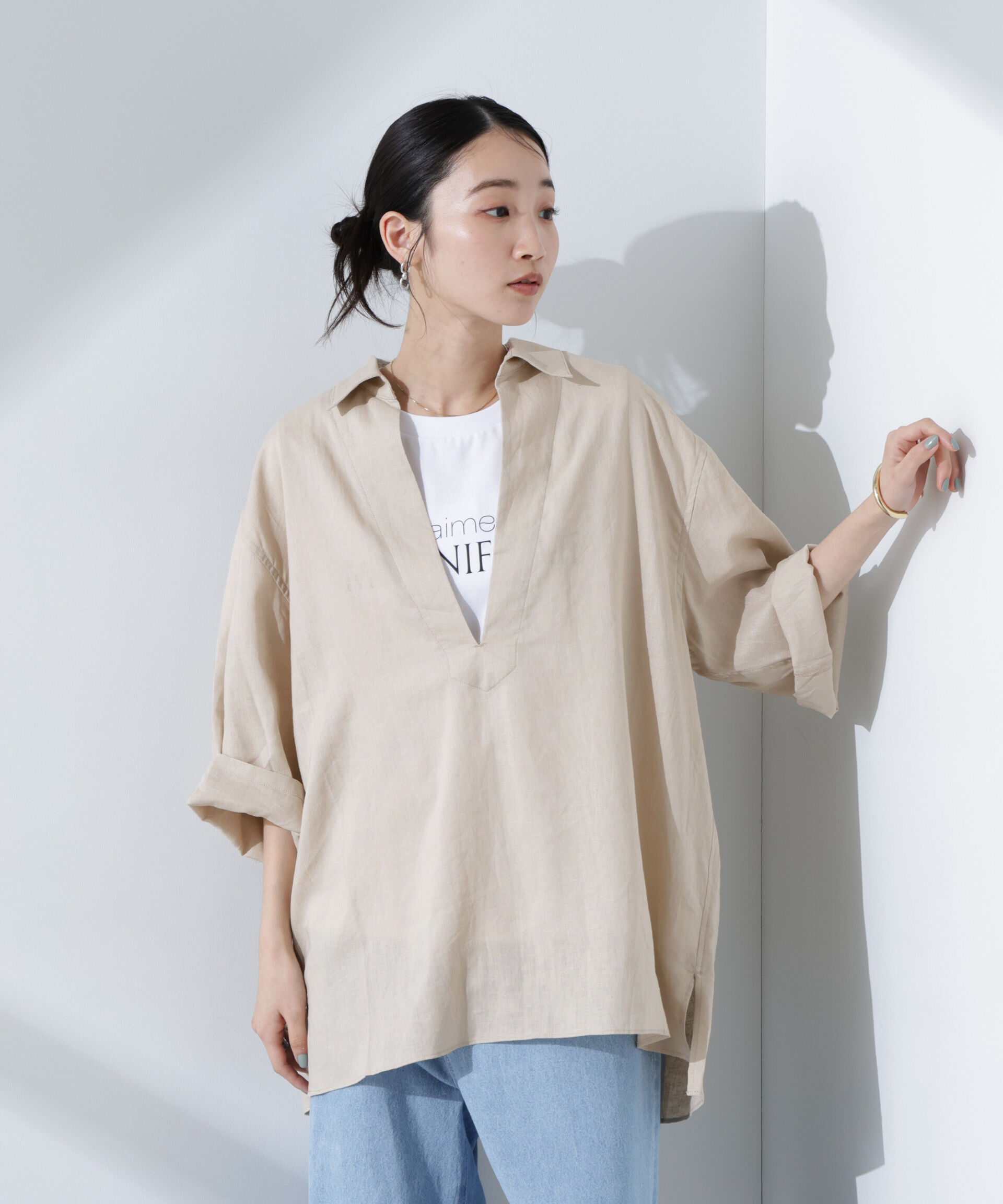 nano･universe「Anti Smell Linen プルオーバーVネックシャツ」|シャツ・ブラウス|