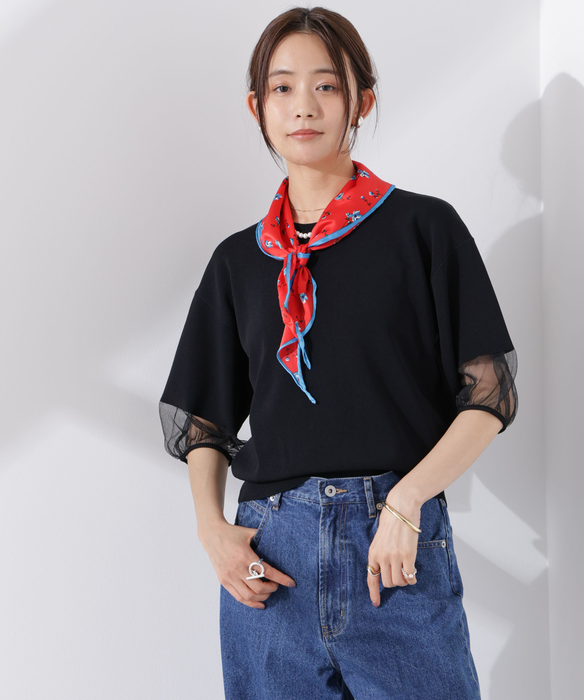 nano･universe「シアースリーブ・UVカット・接触冷感ニット」|ニット・セーター|ブラック