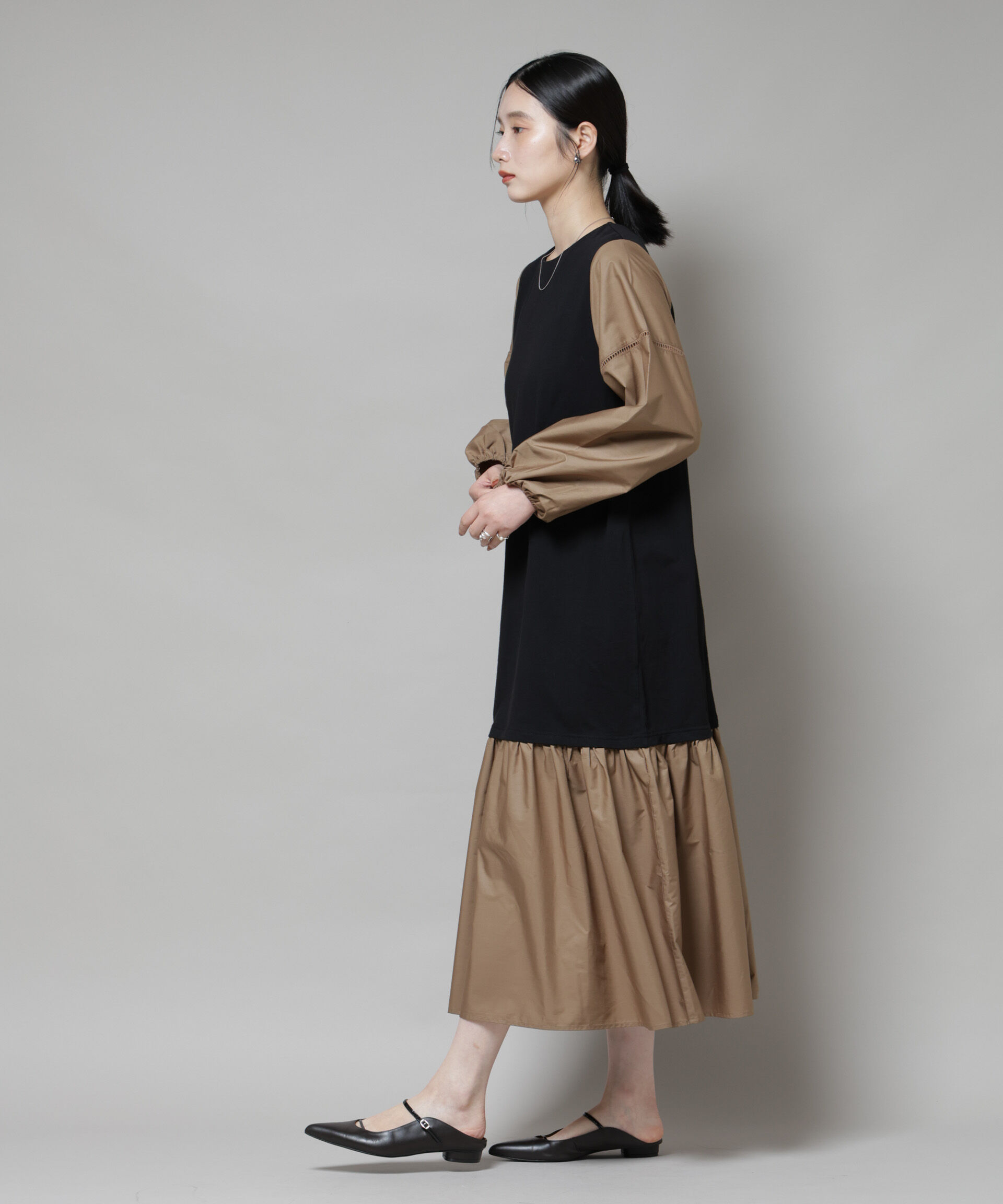 nano･universe「ハシゴレーススリーブ異素材コンビワンピース」|ワンピース|