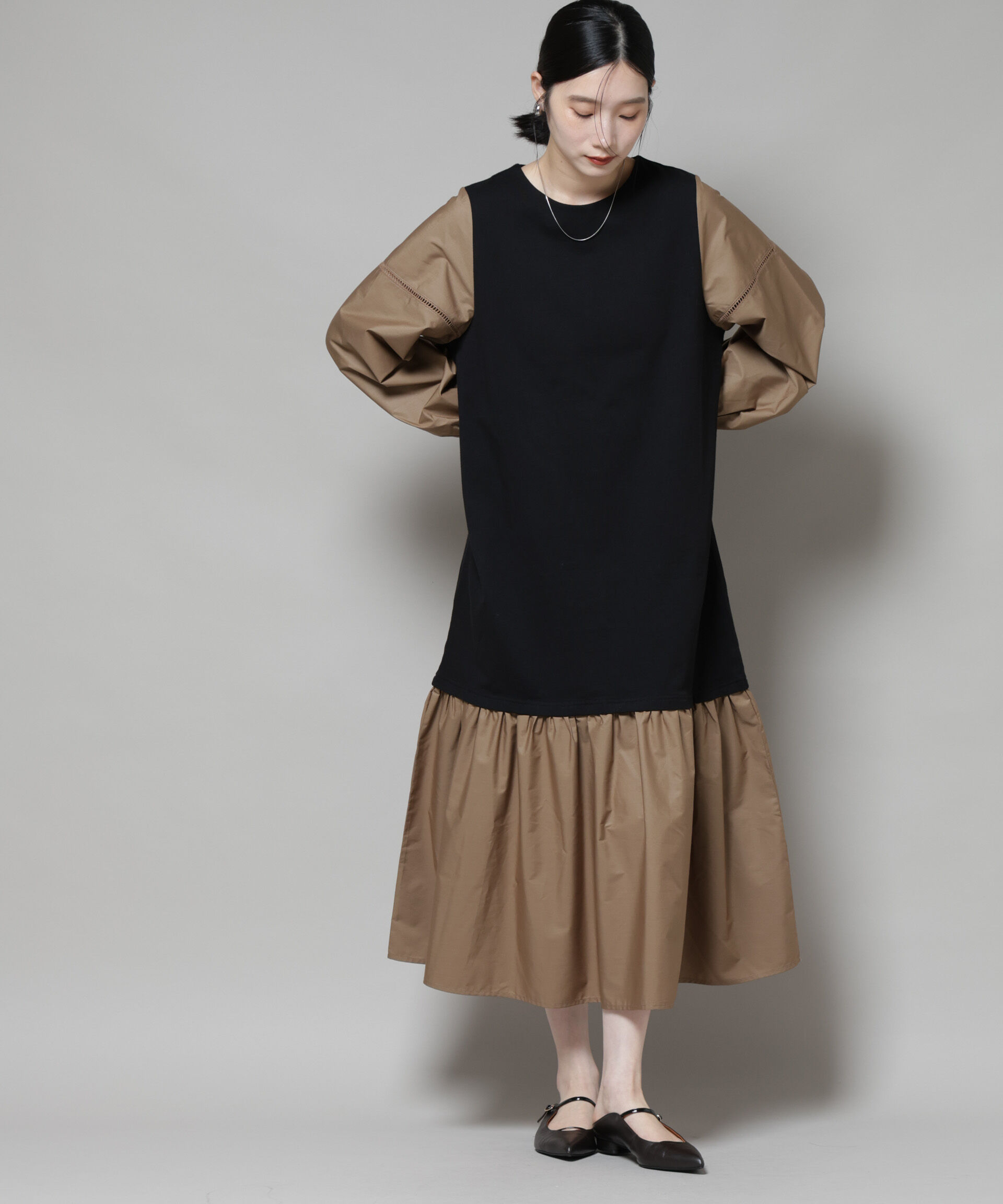 nano･universe「ハシゴレーススリーブ異素材コンビワンピース」|ワンピース|