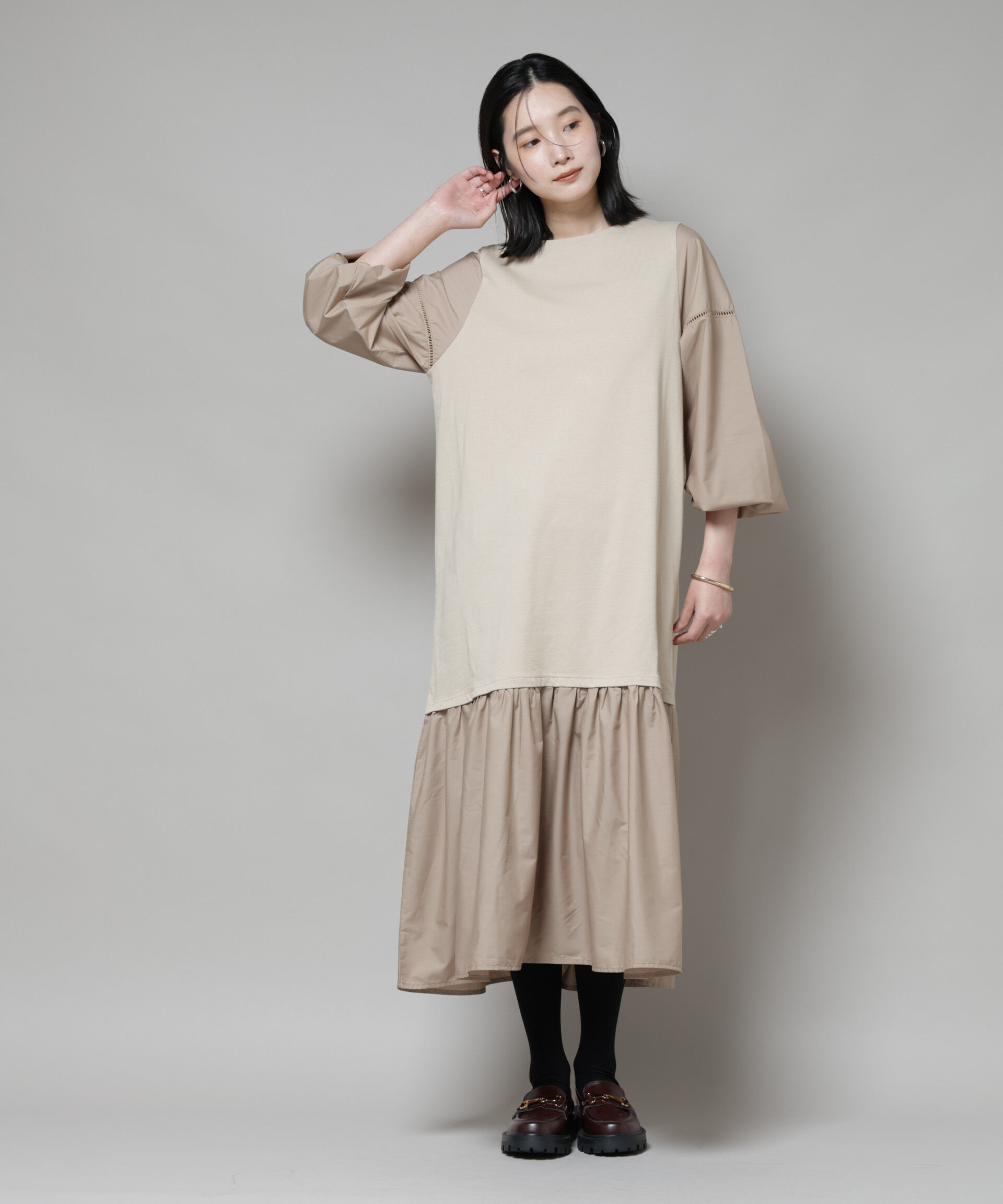 nano･universe「ハシゴレーススリーブ異素材コンビワンピース」|ワンピース|ベージュ