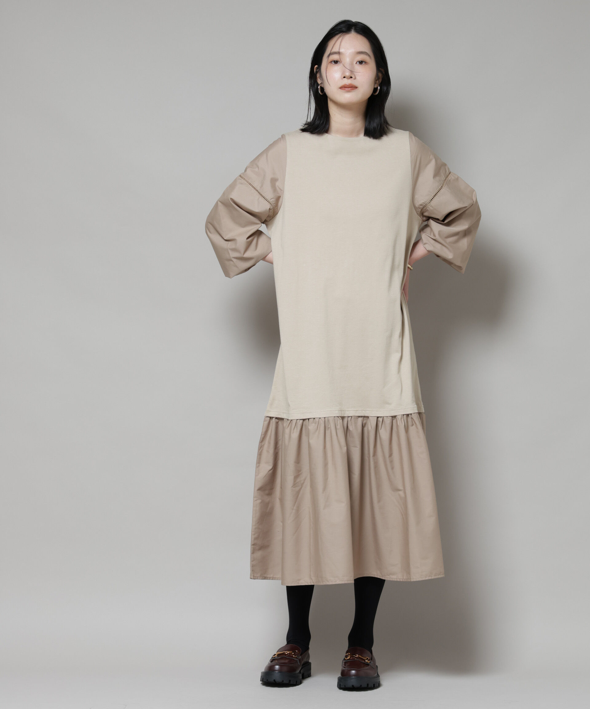 nano･universe「ハシゴレーススリーブ異素材コンビワンピース」|ワンピース|