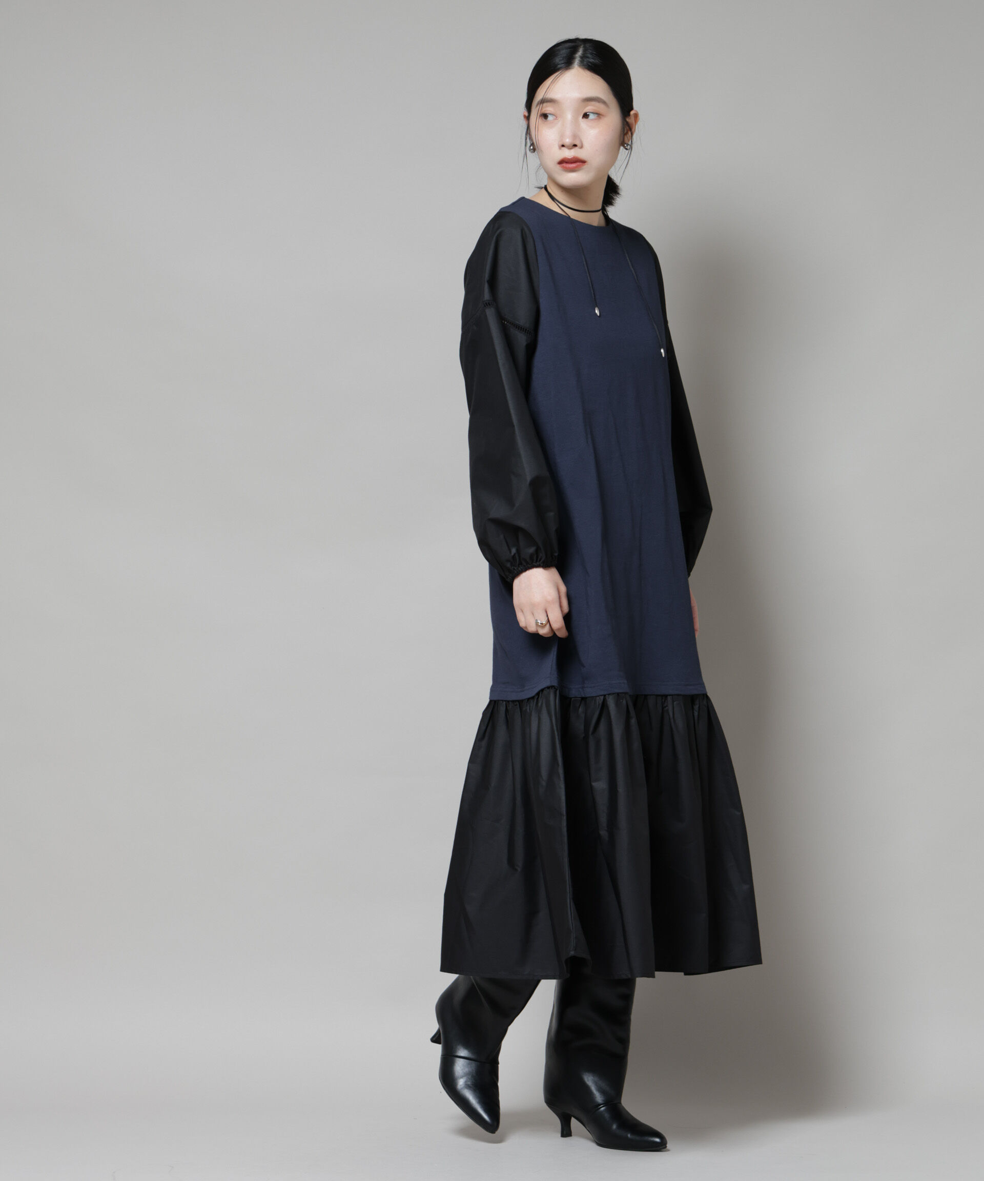 nano･universe「ハシゴレーススリーブ異素材コンビワンピース」|ワンピース|