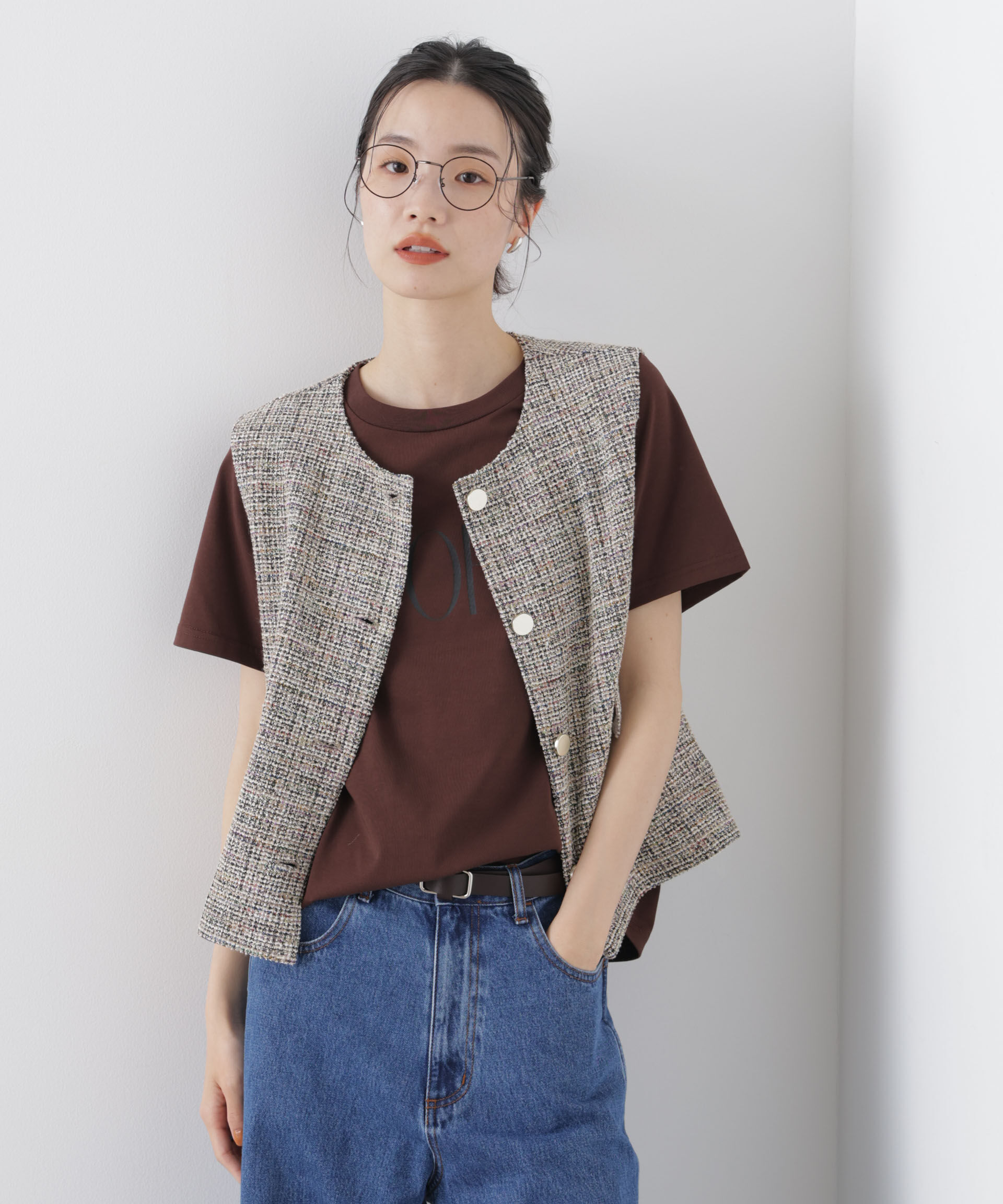 nano･universe「カットツイード金ボタンジレ(セットアップ可)」|テーラードジャケット|ベージュ