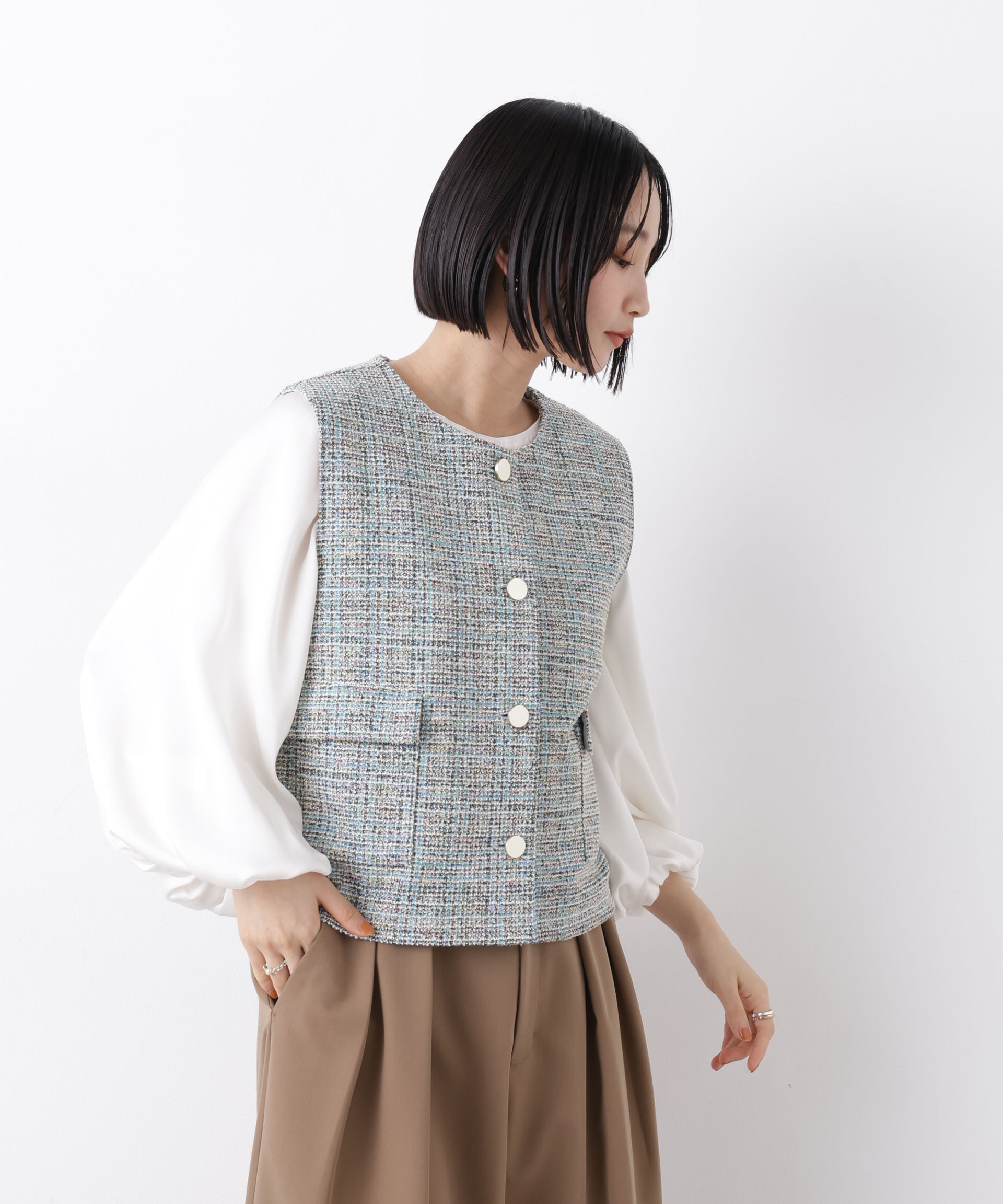 nano･universe「カットツイード金ボタンジレ(セットアップ可)」|テーラードジャケット|ブルー