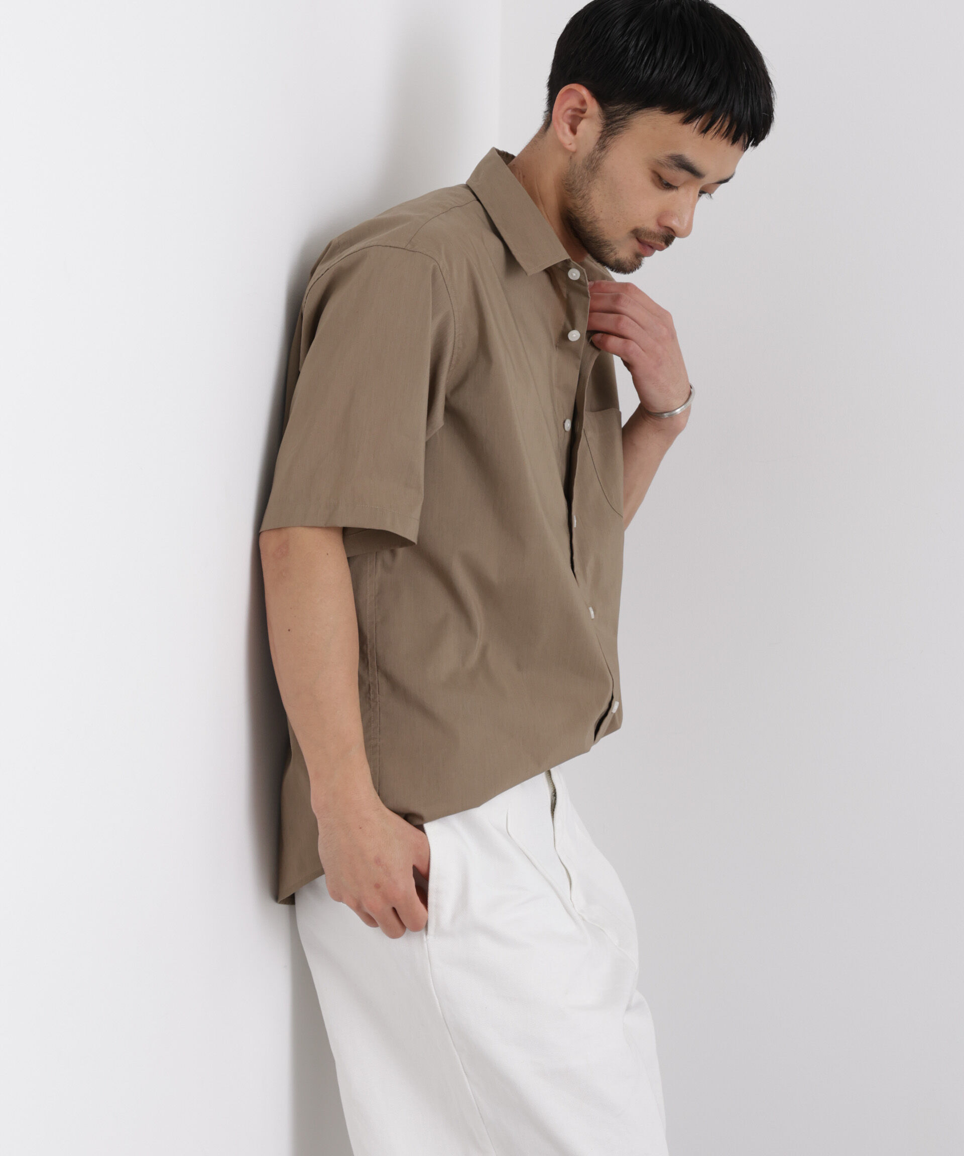 nano･universe「ポリエステル/麻混 半袖レギュラーカラーシャツ」|シャツ・ブラウス|ベージュ
