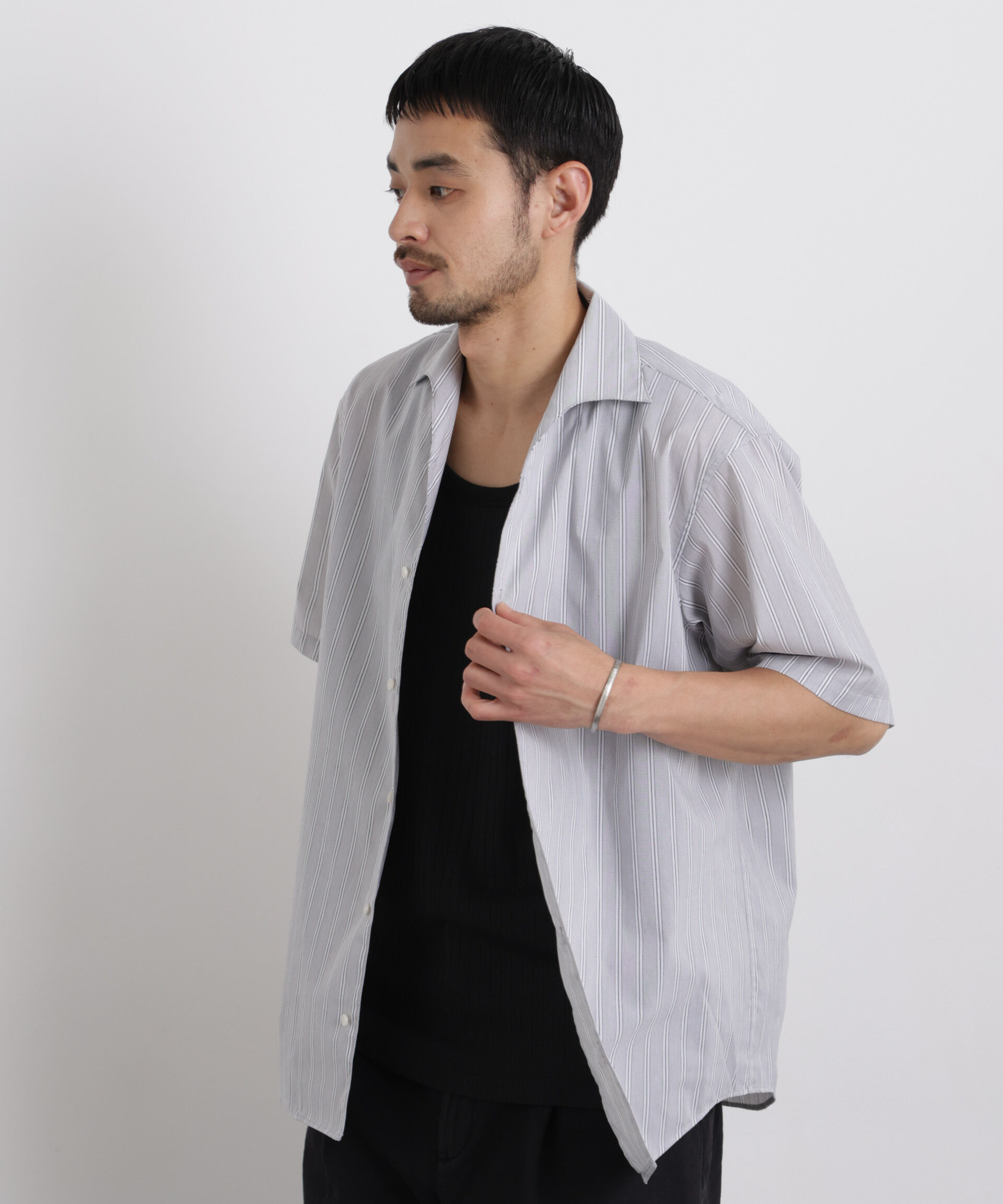 nano･universe「ポリエステル/麻混 半袖ワイドスプレッドカラー ストライプ」|シャツ・ブラウス|