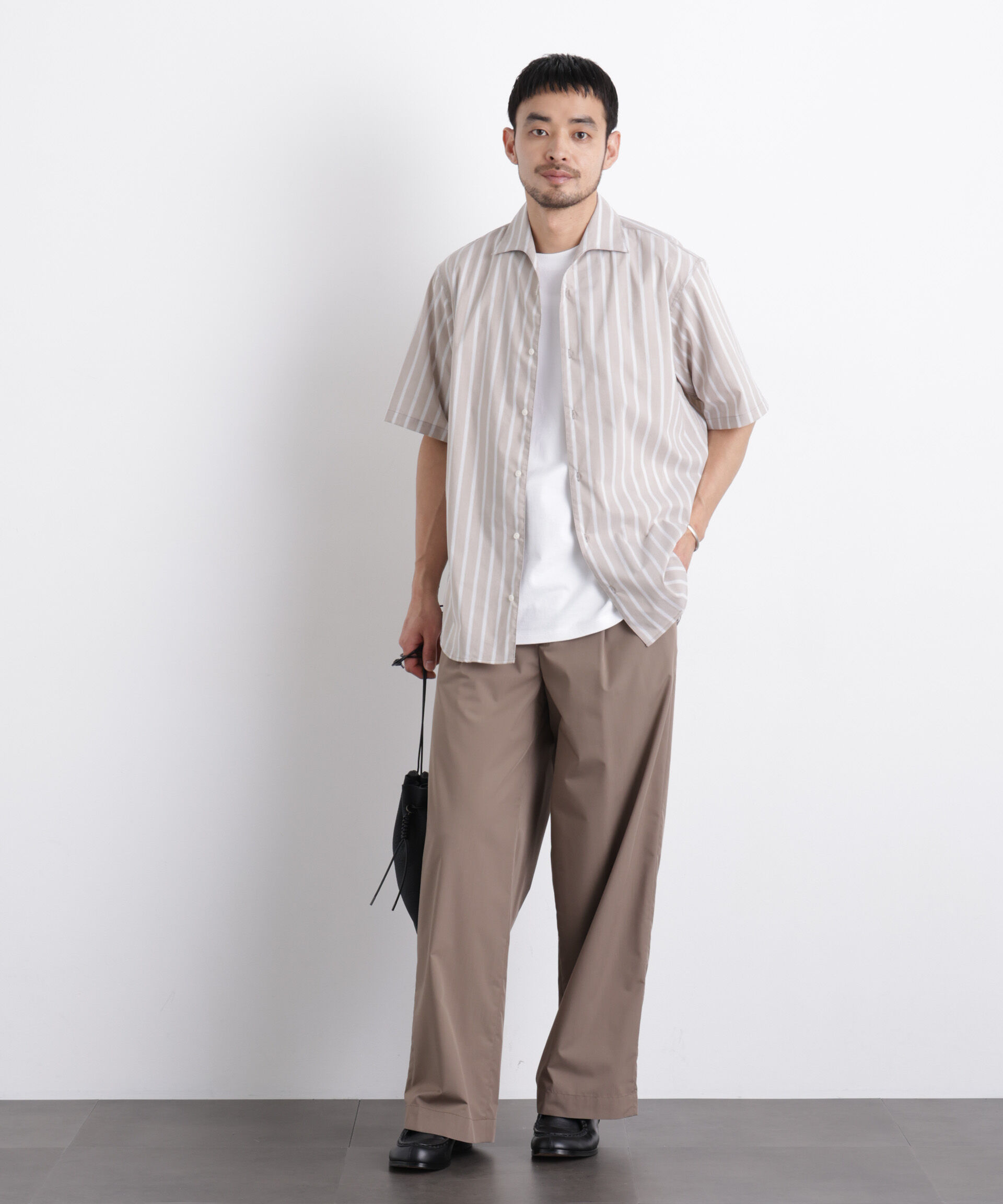 nano･universe「ポリエステル/麻混 半袖ワイドスプレッドカラー ストライプ」|シャツ・ブラウス|