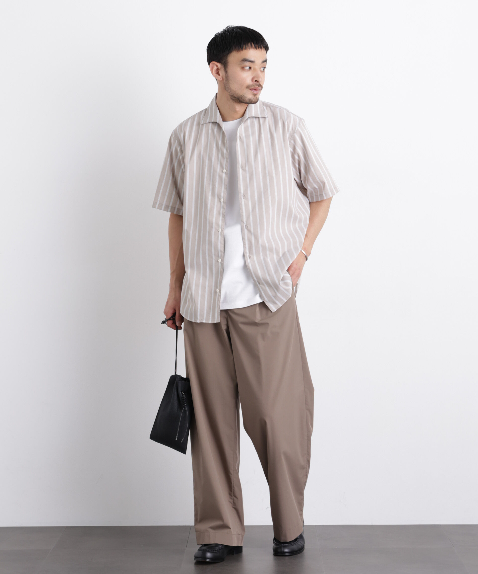 nano･universe「ポリエステル/麻混 半袖ワイドスプレッドカラー ストライプ」|シャツ・ブラウス|