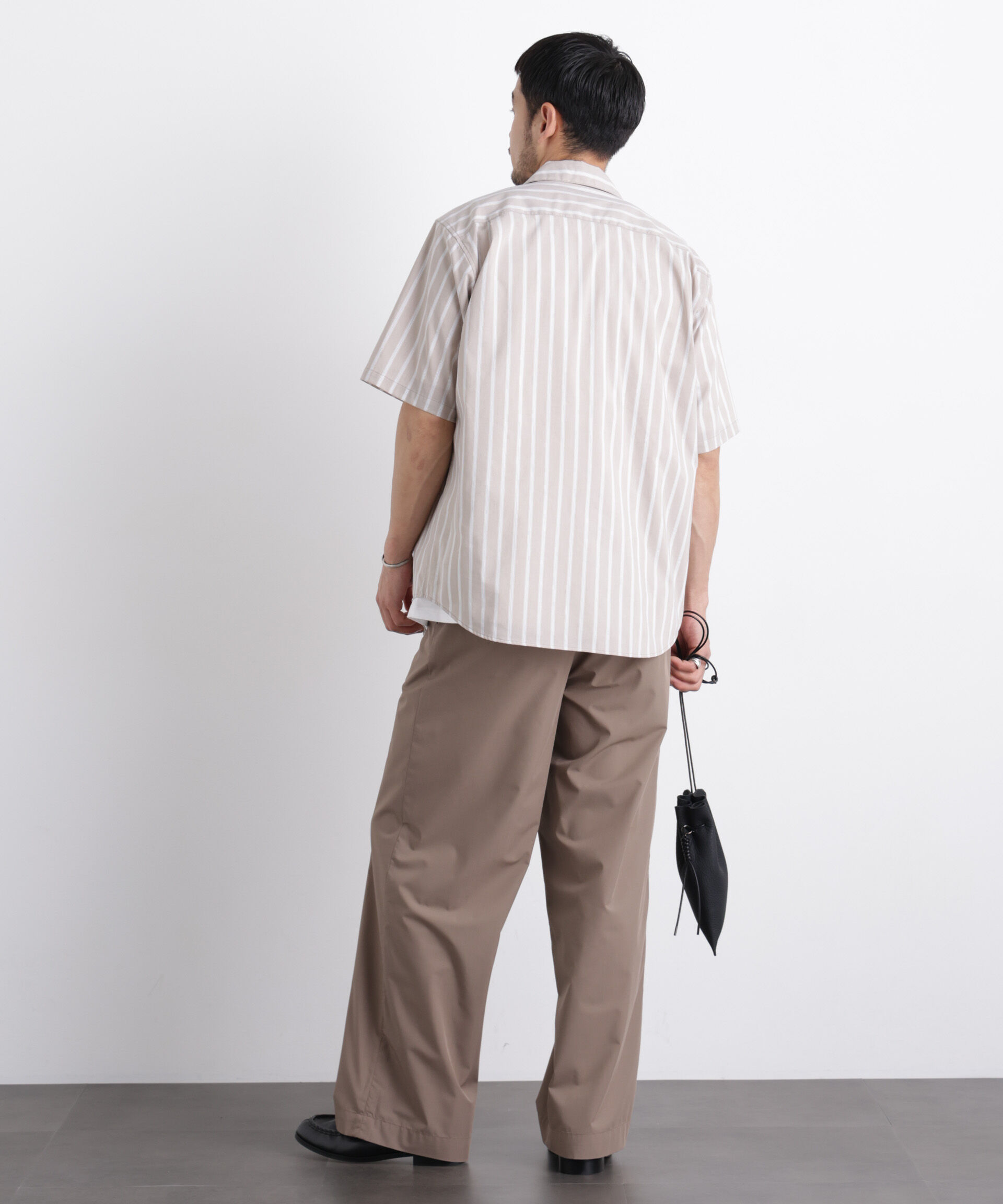 nano･universe「ポリエステル/麻混 半袖ワイドスプレッドカラー ストライプ」|シャツ・ブラウス|