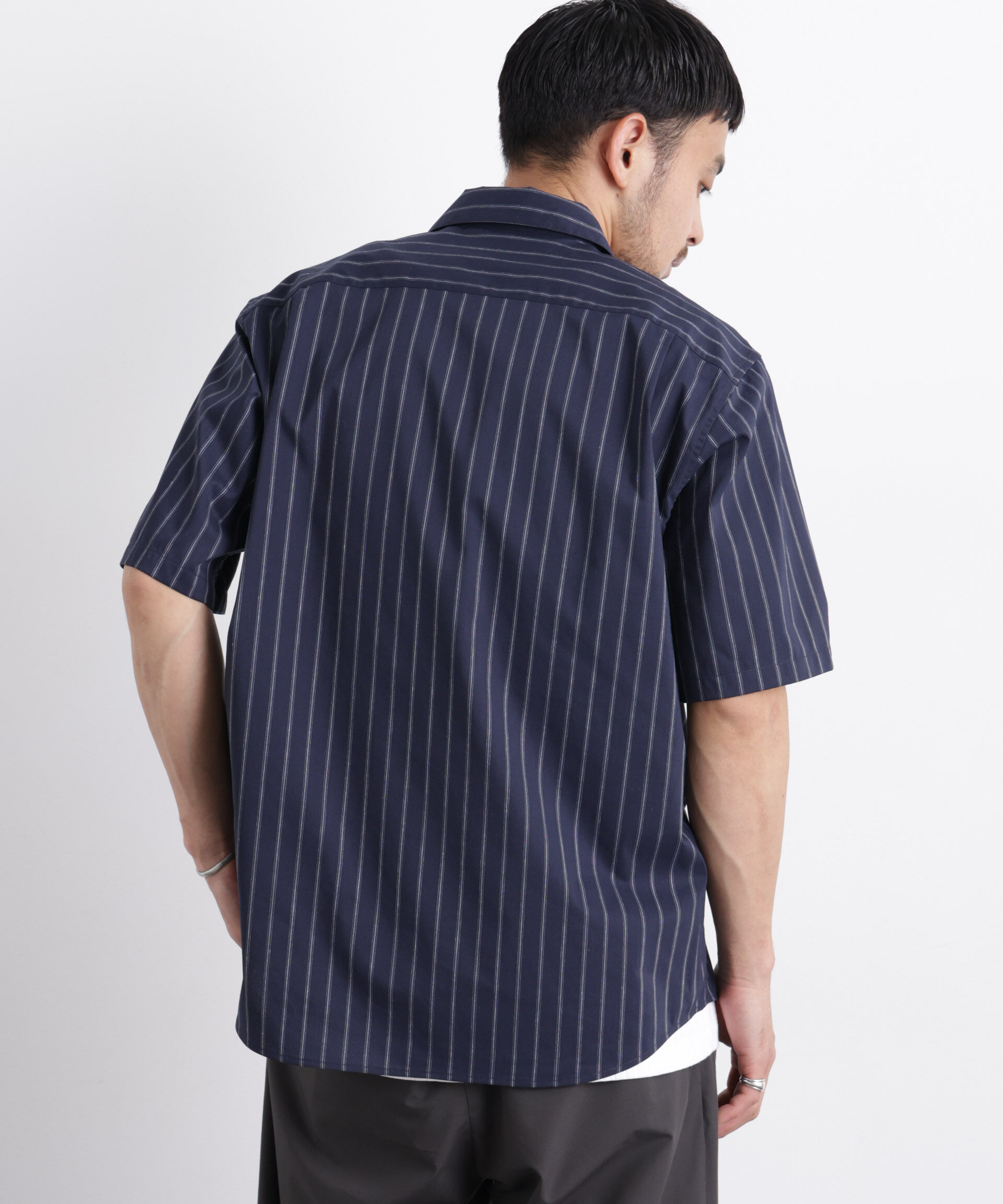 nano･universe「ポリエステル/麻混 半袖ワイドスプレッドカラー ストライプ」|シャツ・ブラウス|