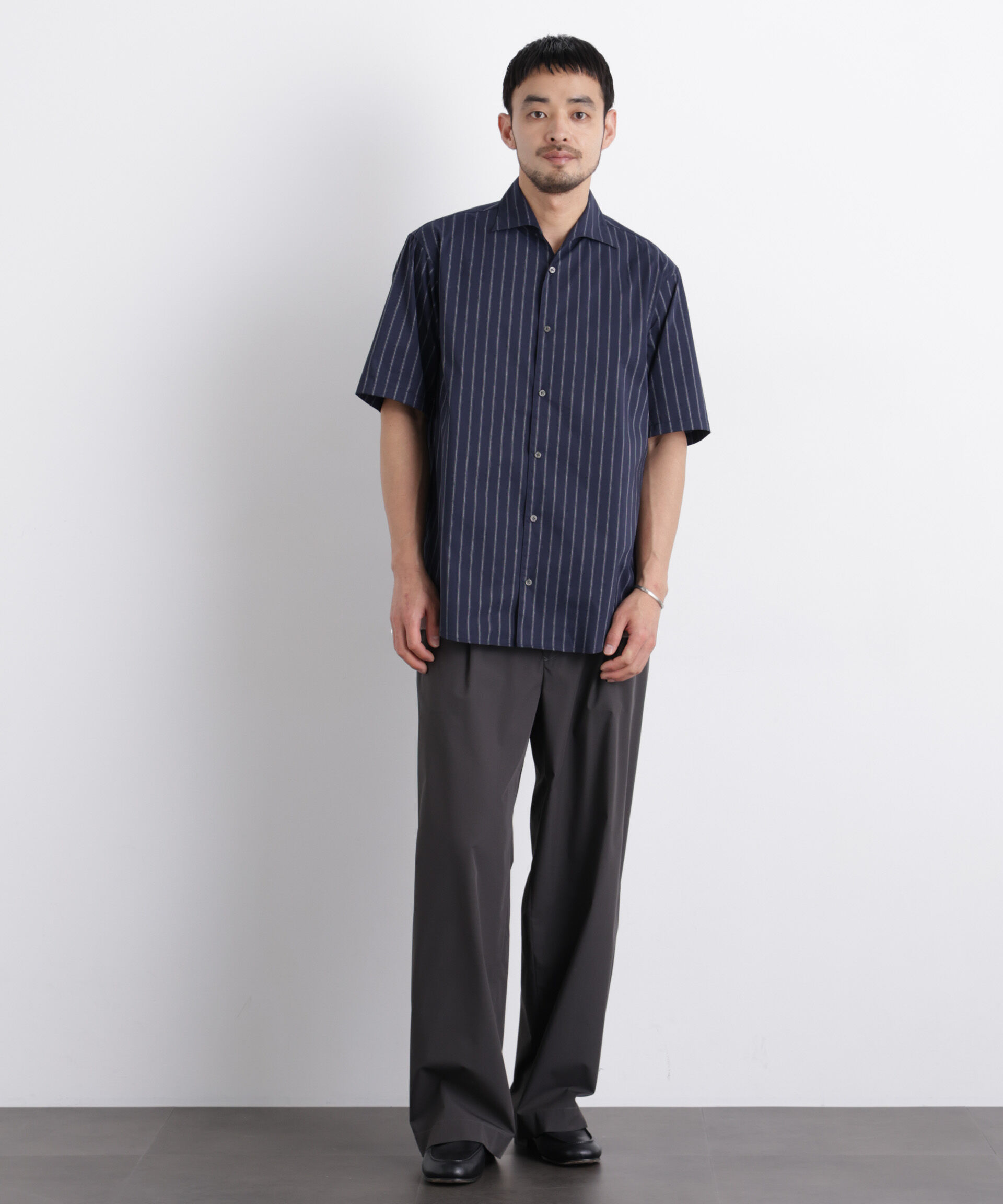 nano･universe「ポリエステル/麻混 半袖ワイドスプレッドカラー ストライプ」|シャツ・ブラウス|