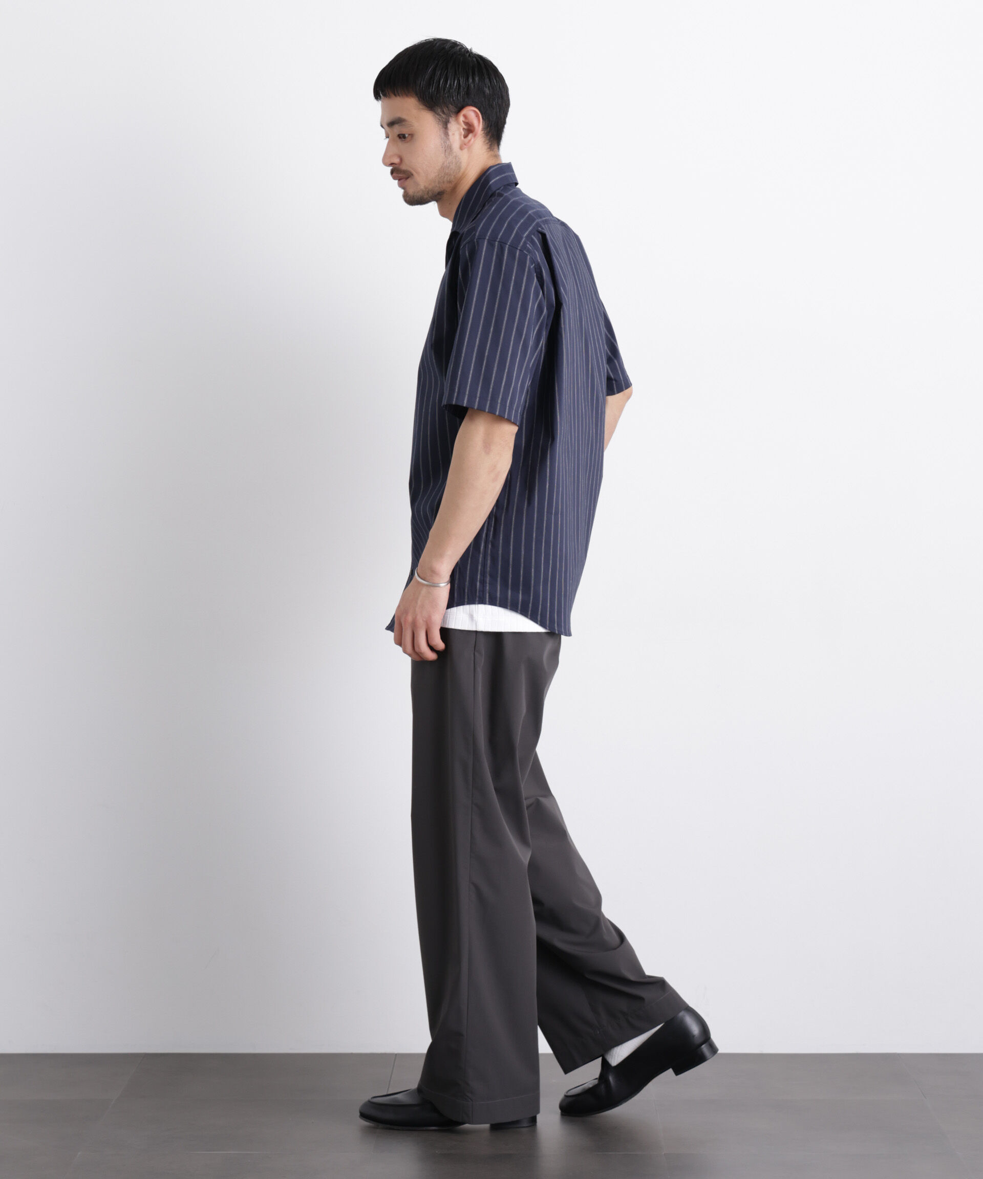 nano･universe「ポリエステル/麻混 半袖ワイドスプレッドカラー ストライプ」|シャツ・ブラウス|