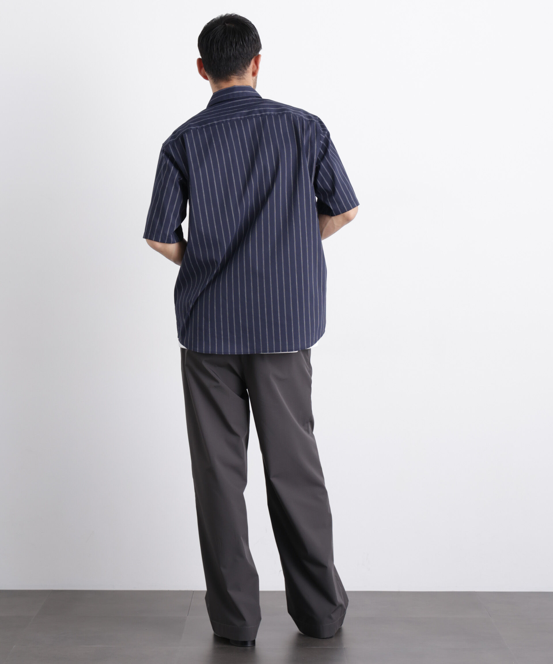 nano･universe「ポリエステル/麻混 半袖ワイドスプレッドカラー ストライプ」|シャツ・ブラウス|