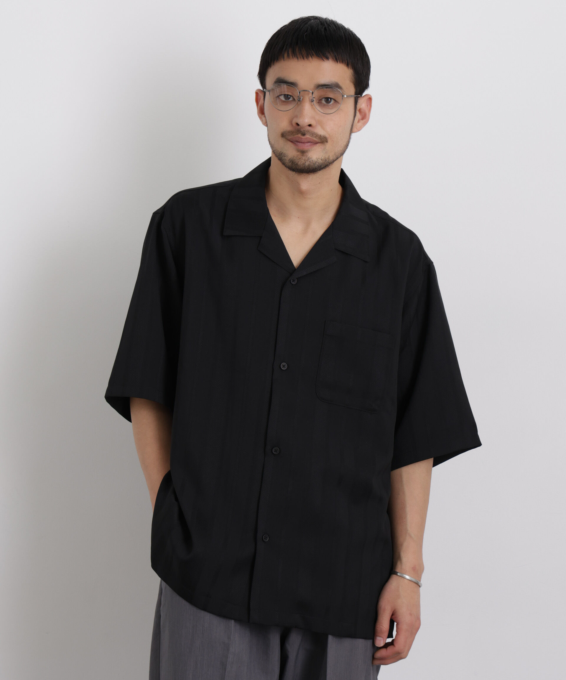 nano･universe「ジャガードストライプシャツ 半袖」|シャツ・ブラウス|ブラック