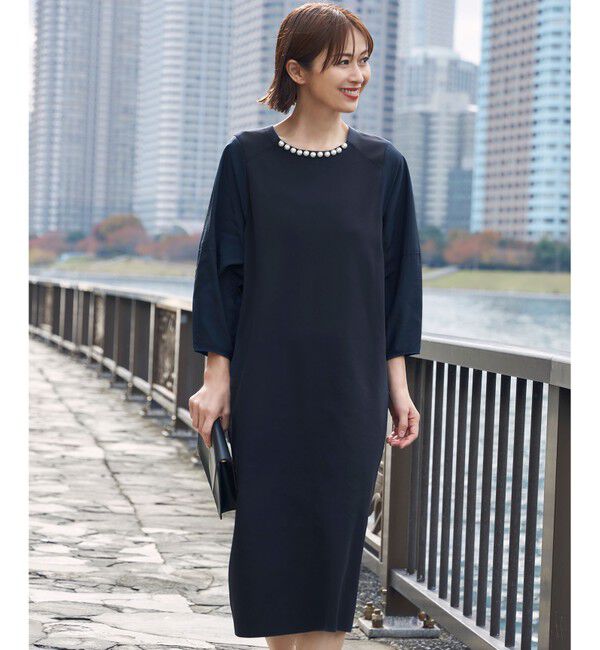 自由区「【洗える】パールディティールニット ワンピース」|ワンピース|ネイビー