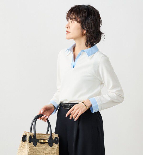 NOLLEY'S sophi「《手洗い可能》シャツレイヤード風スキッパーポロニット」|ニット・セーター|ホワイト