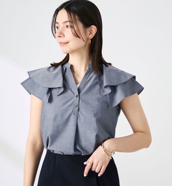 NOLLEY'S「ウォッシャブルダブルフリルキーネックブラウス」|シャツ・ブラウス|チャコールグレー