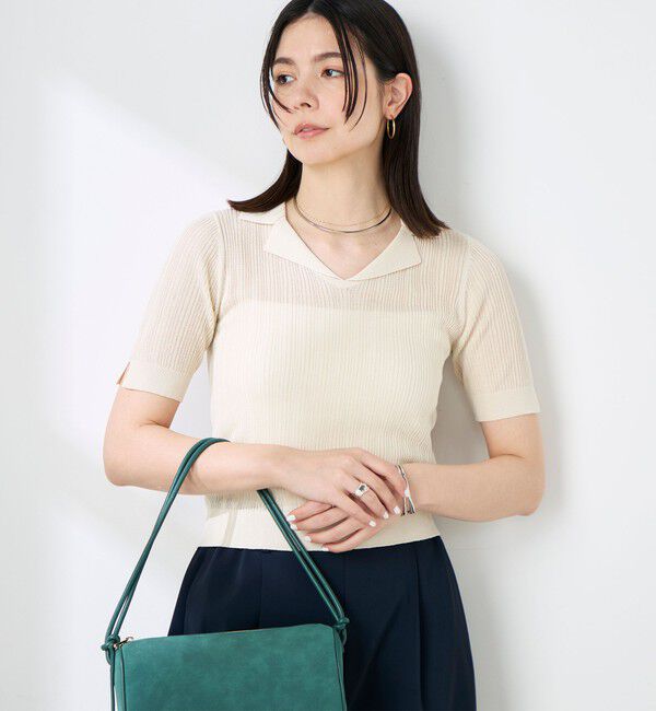 NOLLEY'S sophi「《手洗い可能》リブシアーオープンカラープルオーバー」|ニット・セーター|ベージュ