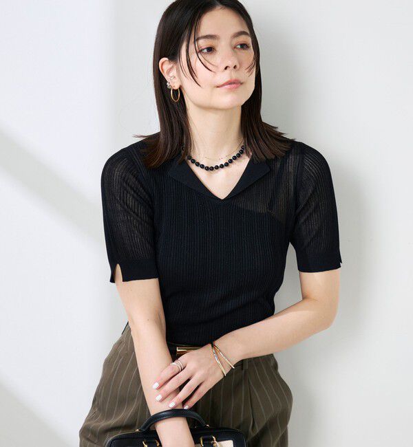 NOLLEY'S sophi「《手洗い可能》リブシアーオープンカラープルオーバー」|ニット・セーター|ブラック