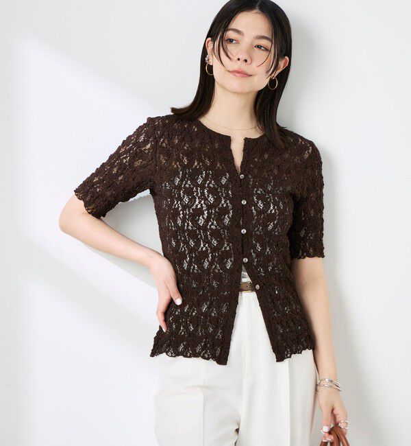 NOLLEY'S sophi「ウォッシャブルストレッチレース両前半袖カーデ」|カーディガン|ダークブラウン