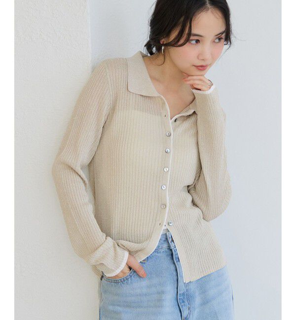 VIS「ポロ襟配色シアーリブカーディガン/イージーケア」|カーディガン|