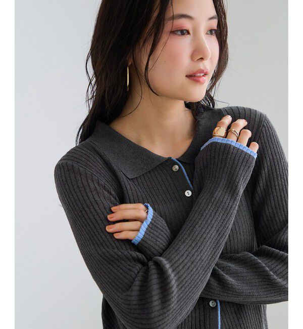 VIS「ポロ襟配色シアーリブカーディガン/イージーケア」|カーディガン|
