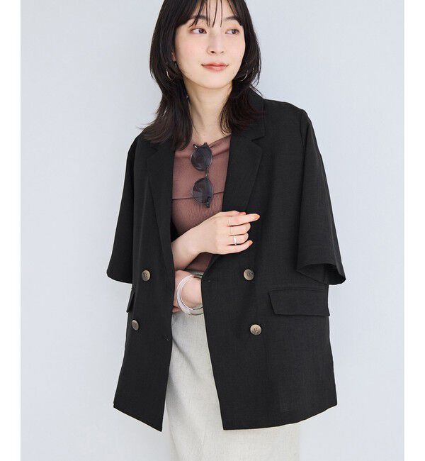 VIS「美easyリネンライクハーフスリーブダブルジャケット/イージーケア・接触冷感・セットアップ対応」|テーラードジャケット|ブラック(01)