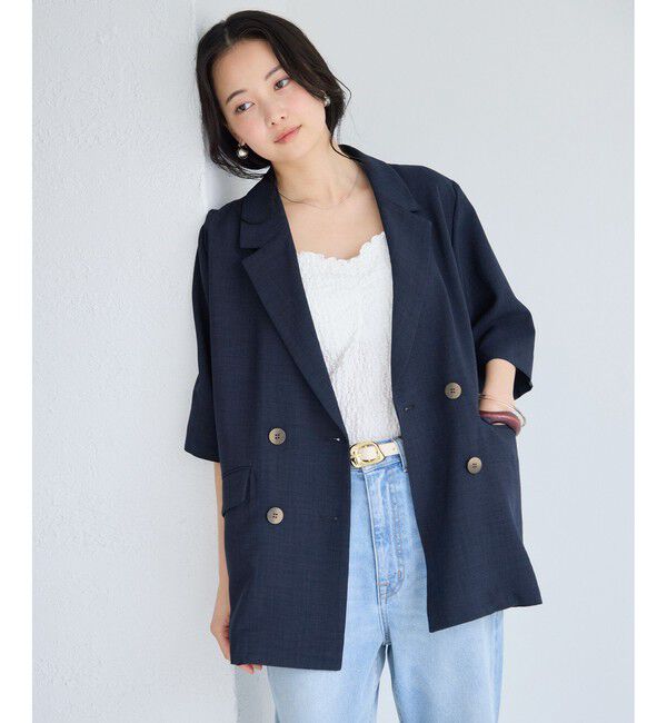 VIS「美easyリネンライクハーフスリーブダブルジャケット/イージーケア・接触冷感・セットアップ対応」|テーラードジャケット|