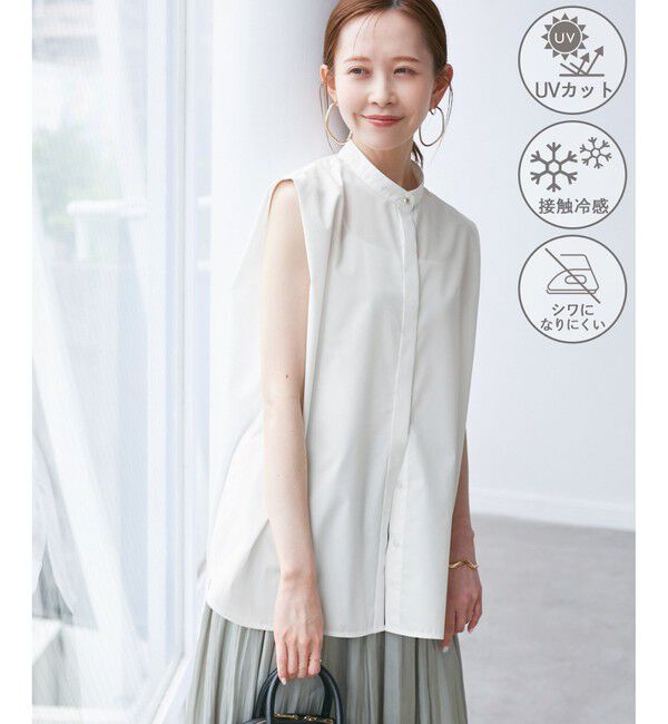 Rope&rsquo;Picnic「【UVカット・接触冷感・イージーケア】バンドカラーノースリーブシャツ/通勤対応」|シャツ・ブラウス|オフホワイト(15)