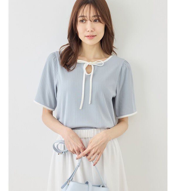 Rope&rsquo;Picnic「前後2WAY配色テレコリボンディテールトップス」|Tシャツ・カットソー|サックス(48)