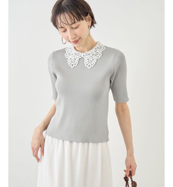Rope&rsquo;Picnic「レースカラーハーフスリーブリブニット」|ニット・セーター|ライトグレー(08)