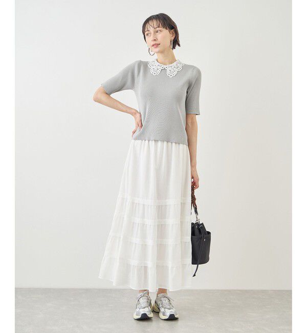 Rope&rsquo;Picnic「レースカラーハーフスリーブリブニット」|ニット・セーター|