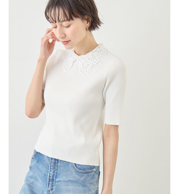 Rope&rsquo;Picnic「レースカラーハーフスリーブリブニット」|ニット・セーター|